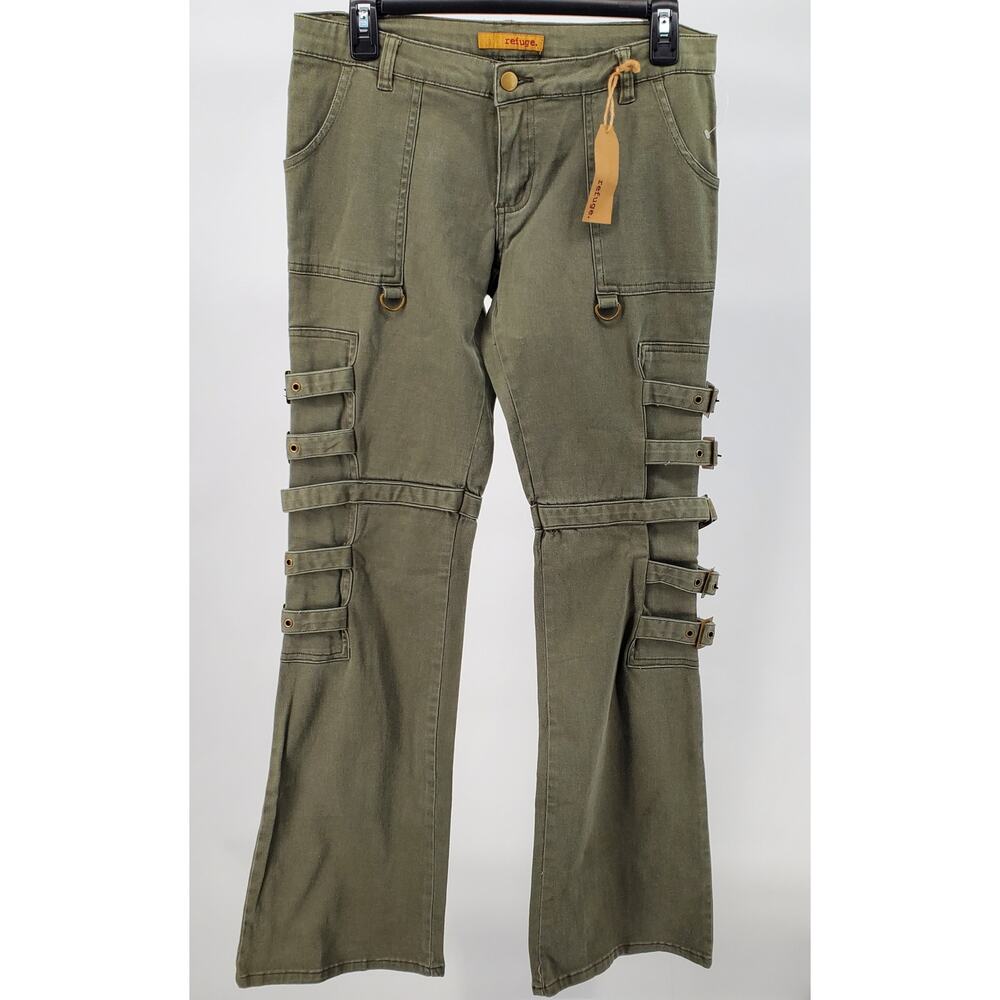 Refuge Cargo Bondage Pants Buckle Straps Flare Juniors 5 Olive Green Y2K Goth‎